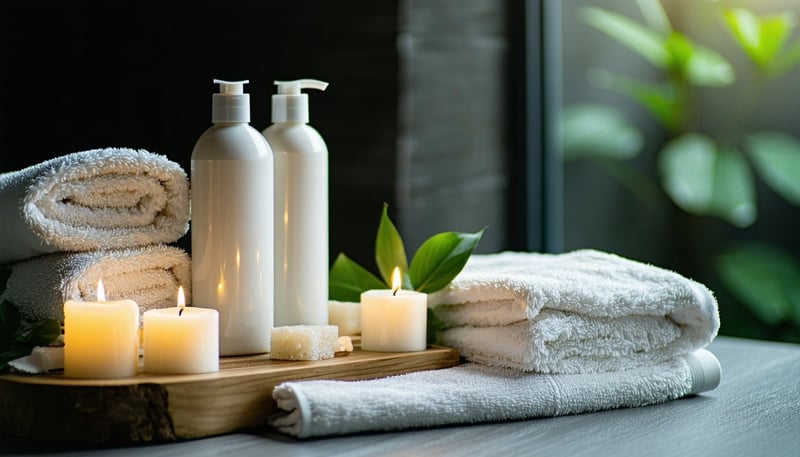 A serene spa setting with skincare products A serene spa setting with skincare products